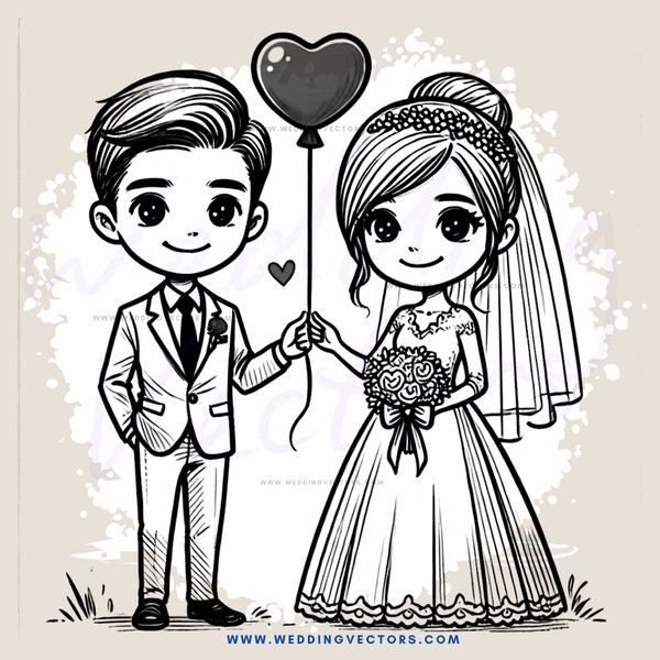 a bride and groom holding a heart balloon