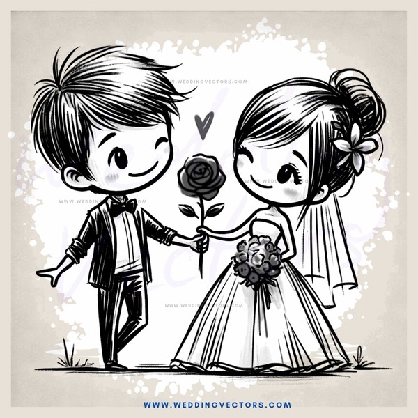 boy and girl shake hands with rose and flowers