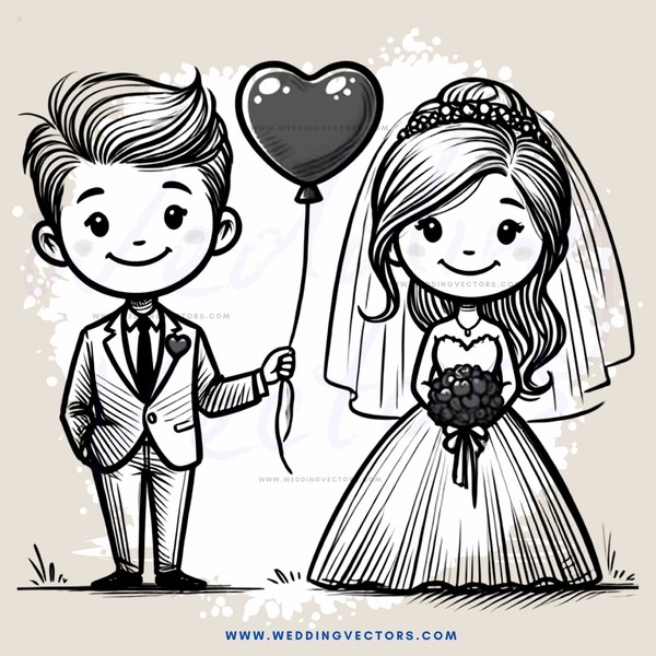 a bride and groom with a heart balloon