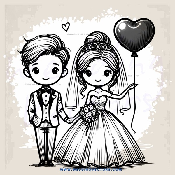 wedding ring image with heart balloon and bride and groom
