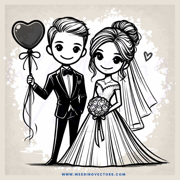 the newlywed couple with heart shaped balloon and bouquet
