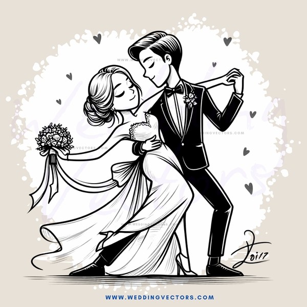 couple dancing together in a wedding ring entrance cartoon poster design