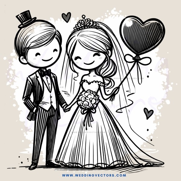 a bride and groom holding each other's hands, with love and marriage hearts floating around them