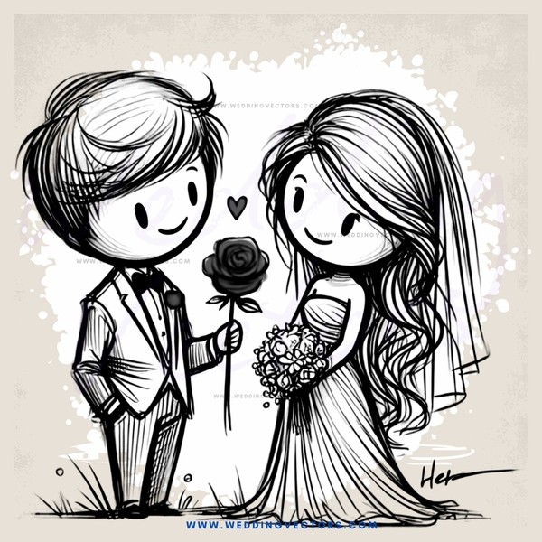 a bride and groom with flowers