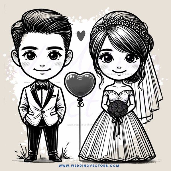 wedding couple in cartoon style drawing