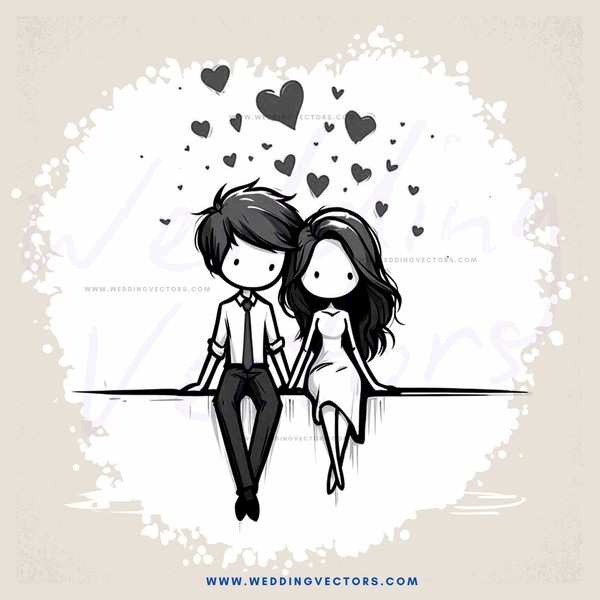 a boy and girl sitting together with hearts above them