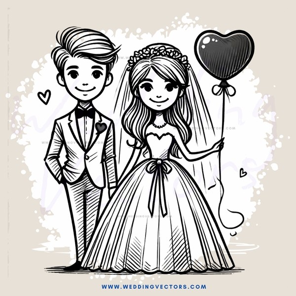 a bride and groom with a heart balloon