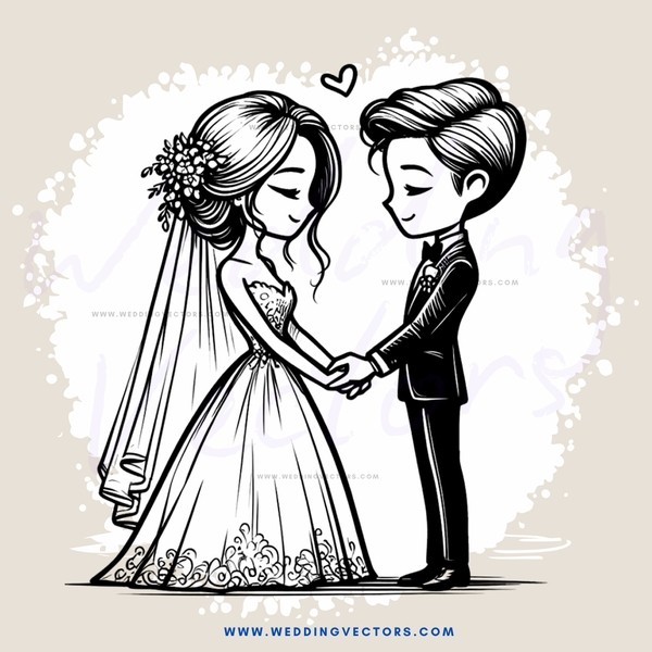 wedding couple in black and white cartoon