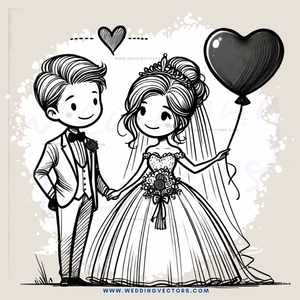 a bride and groom with balloons