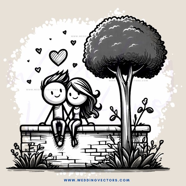 a boy and girl sitting on a wall next to a tree
