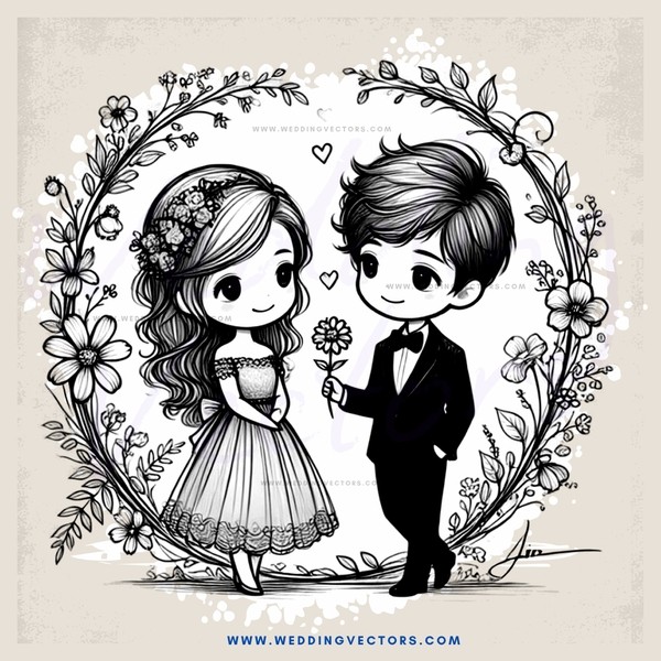 a boy and girl posing with flowers in an oval flower arrangement