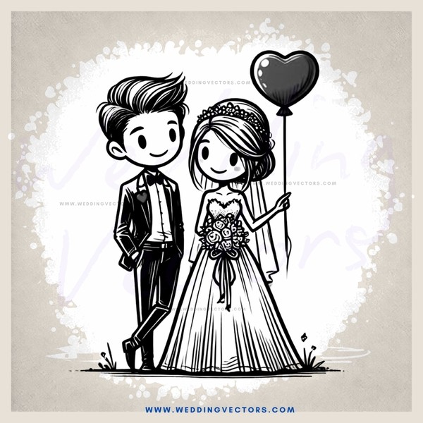 a bride and groom with an air balloon