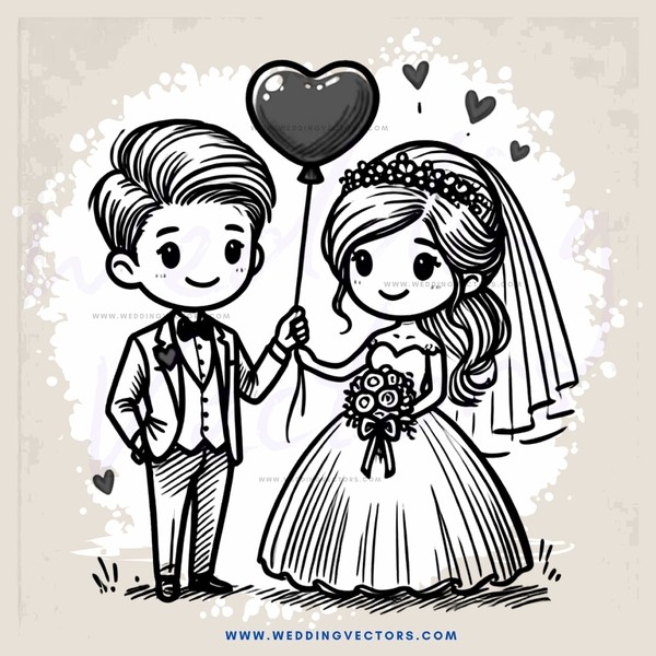 a bride and groom holding balloons