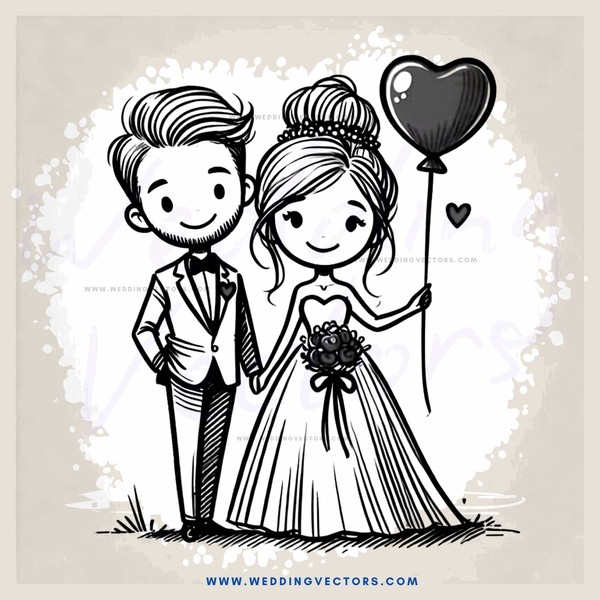 a wedding couple holding balloons