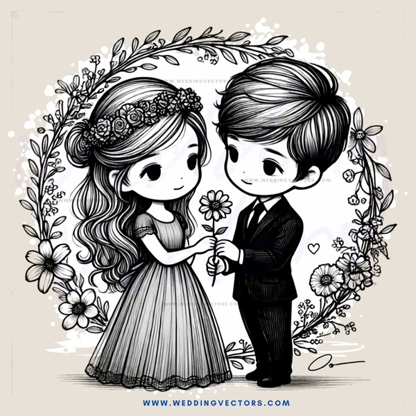wedding couple cartoon picture with flowers on the background