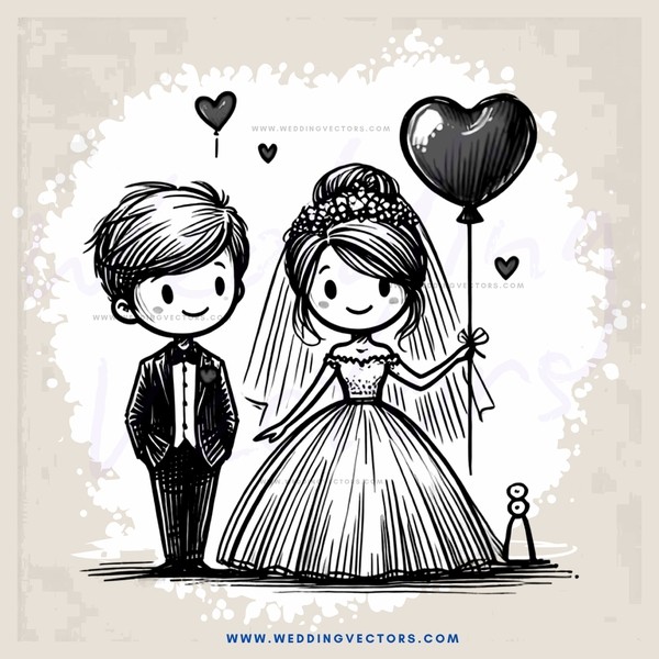 a bride and groom with balloons