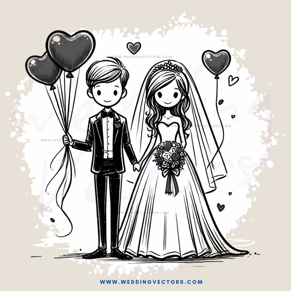 a couple holding balloons and bouquets