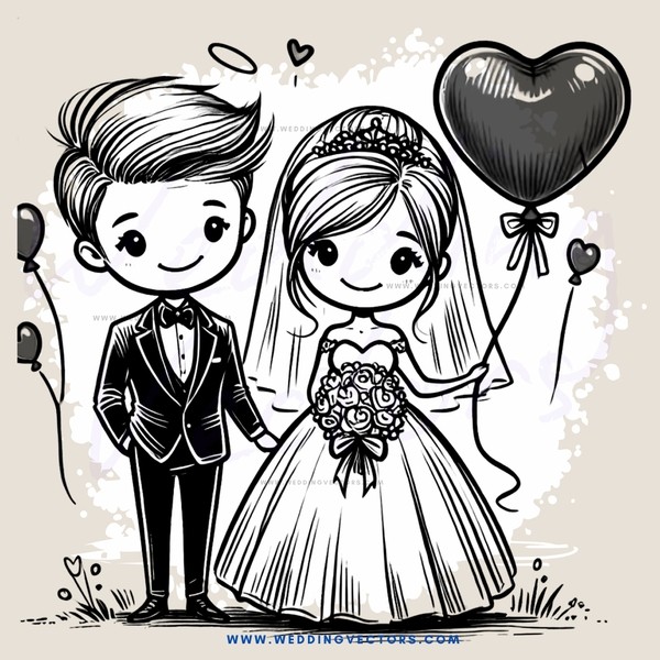 wedding animation - a boy and girl standing together with balloons
