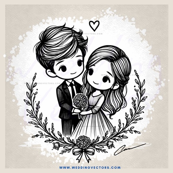 a couple holding flowers and signed in cursive