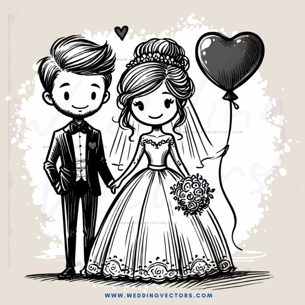 groom and bride with balloons and flowers