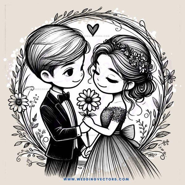 a couple holding flowers and an heart