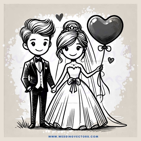 a bride and groom holding a heart balloon