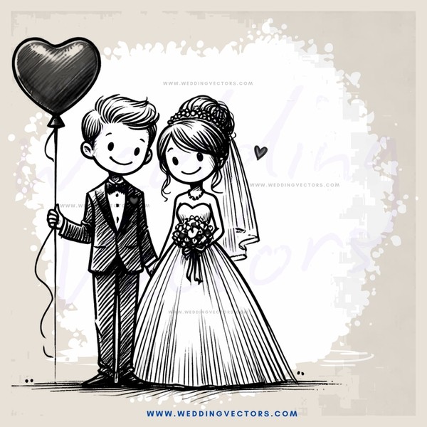 a bride and groom holding an umbrella and balloon together