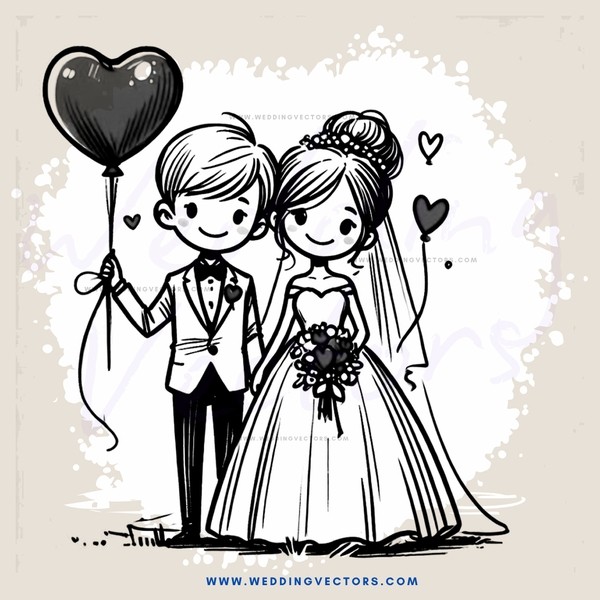 a bride and groom holding heart balloons