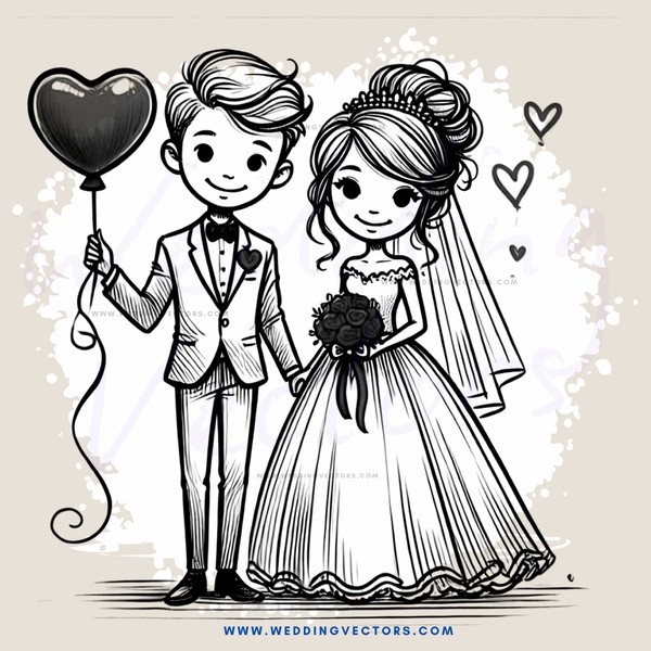 the happy couple with hearts and balloons