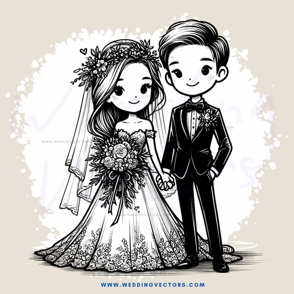 wedding bride and groom in black and white cartoon