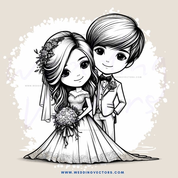 wedding anime cartoon - bride and groom face to face