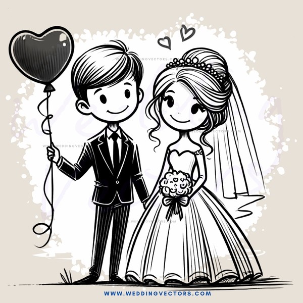 wedding vows and balloons in black and white cartoon drawing