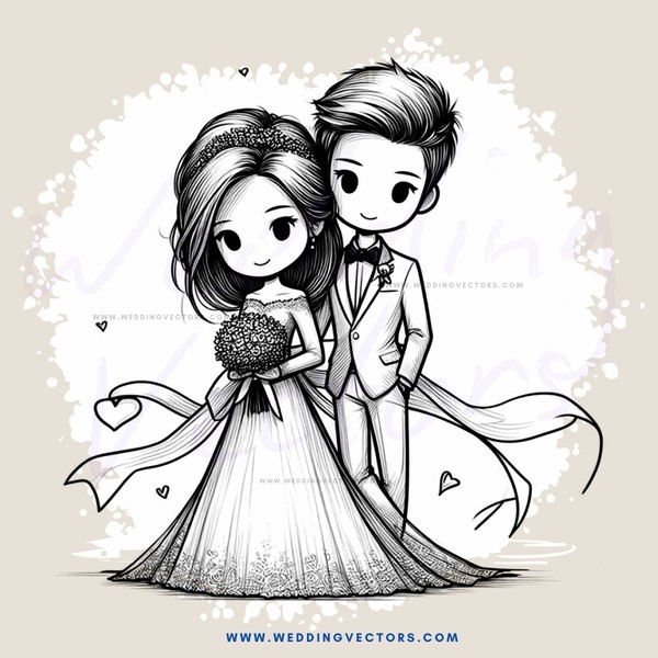 a wedding couple in black and white illustration