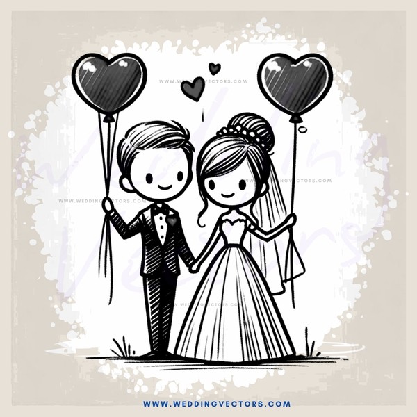 a bride and groom with hearts and balloons