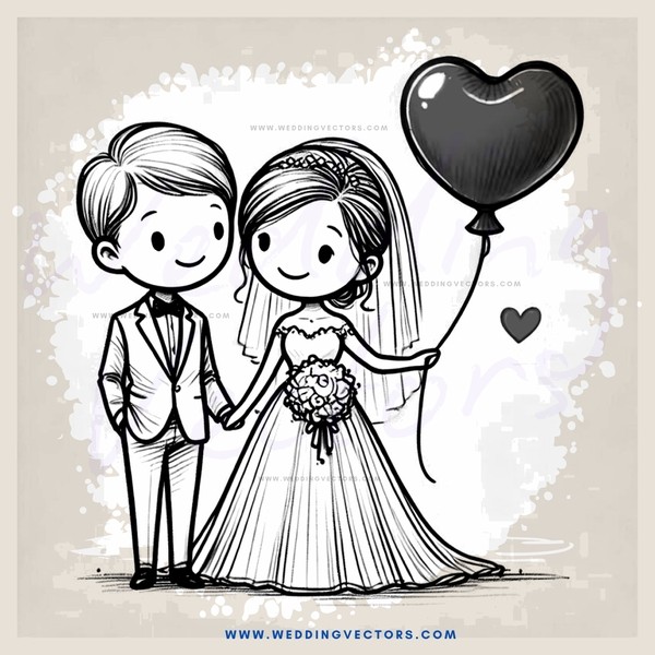 a bride and groom share a heart shaped balloon
