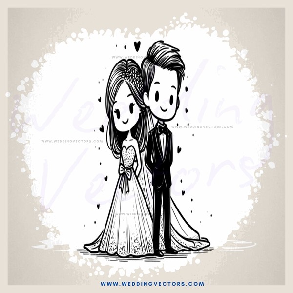 bride and groom in black and white cartoon style drawing