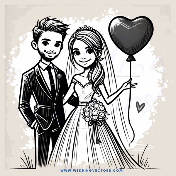 a wedding couple posing for picture with heart balloon and flower bouquet