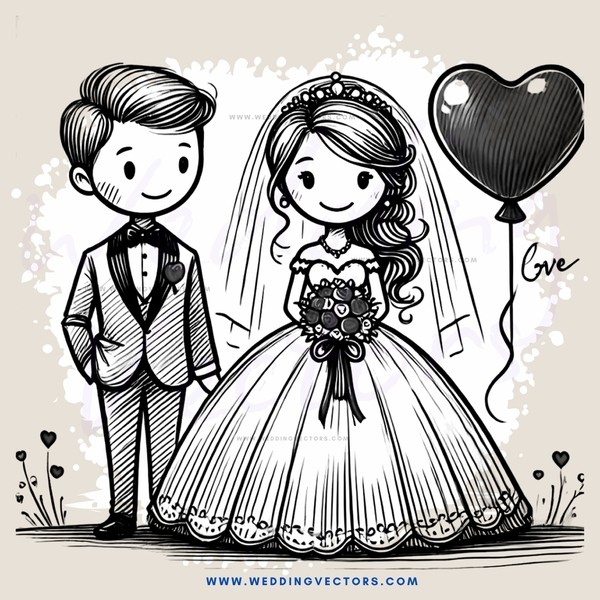 a bride and groom with an engagement ring and balloon hearts