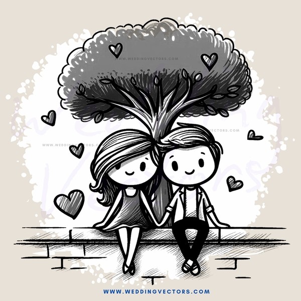 couple sitting under tree love hearts and flowers