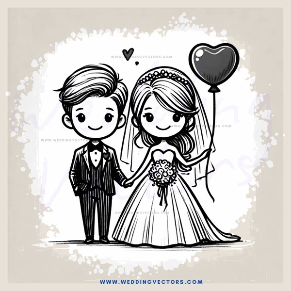 a bride and groom with balloons