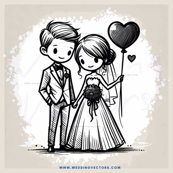 a wedding illustration with balloons and bubbles