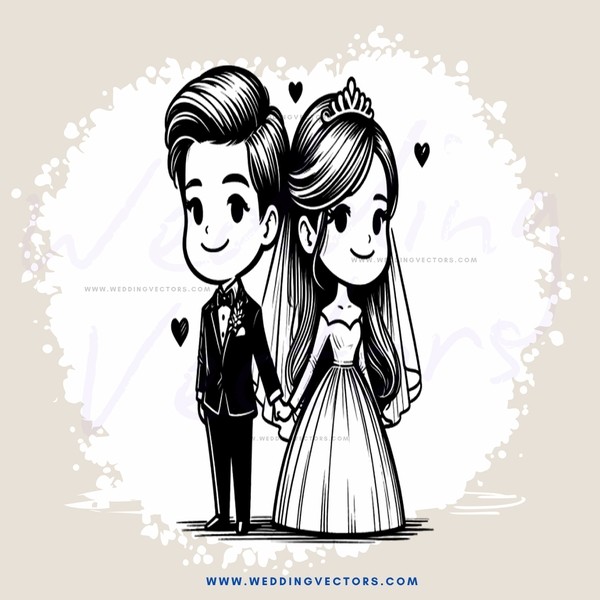 a black and white wedding illustration with happy couple