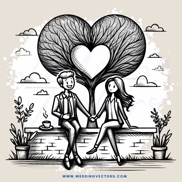 a couple sitting under a tree drawing hearts