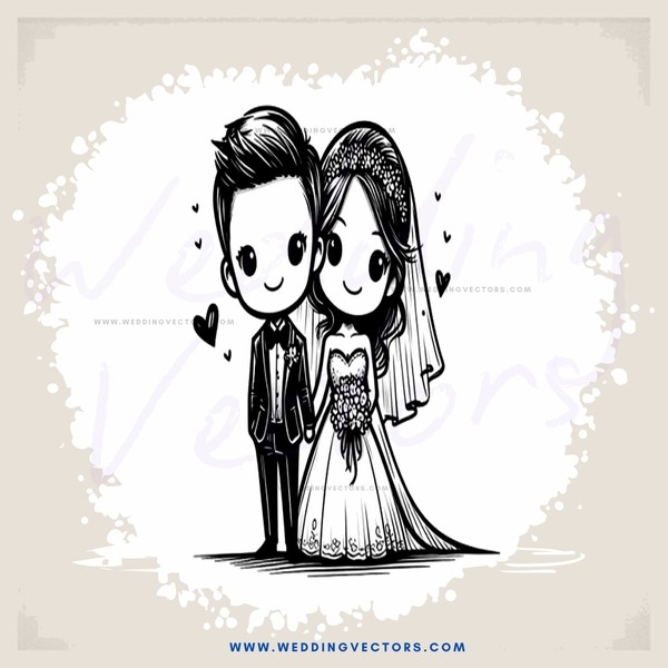 black and white cartoon couple posing for wedding picture