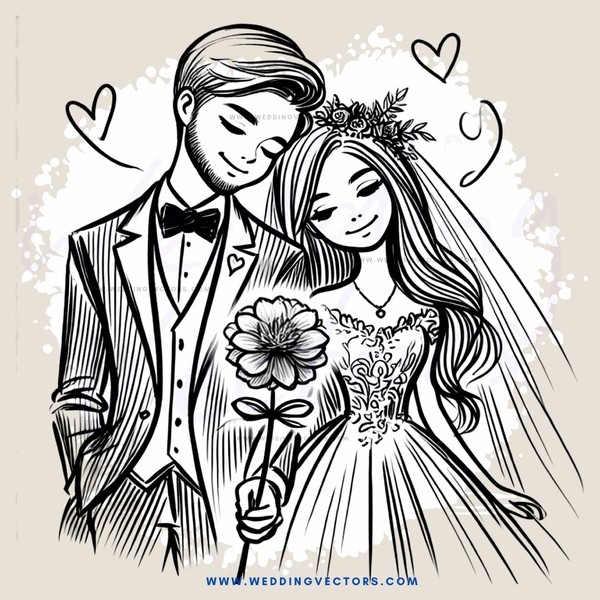the groom and bride with flowers
