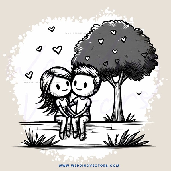 two people sitting under a tree with hearts on it