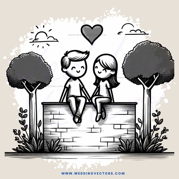 couple on brick wall with trees and sunshine in the sky