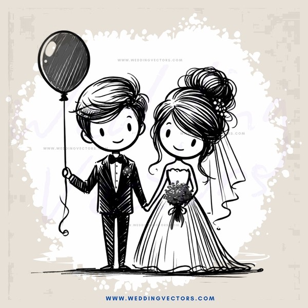 a bride and groom holding balloons