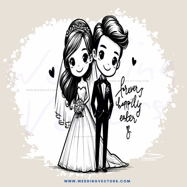 a wedding couple with text below them