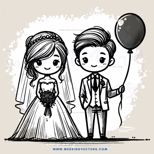 a bride and groom holding balloons